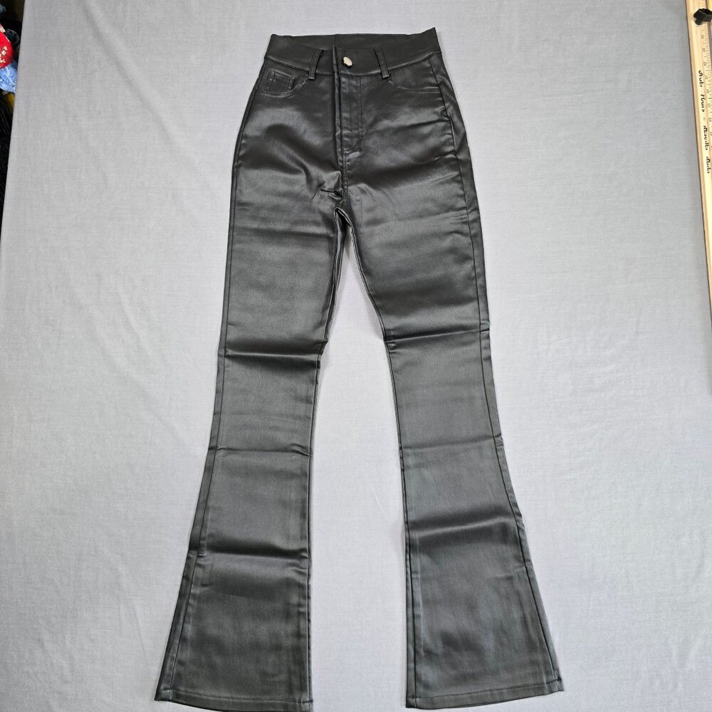 Mila Rosabella Small Flare Leg Faux Leather High Waisted Black Pants Biker Goth